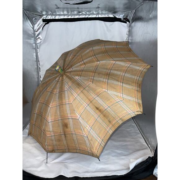 ANTIQUE VICTORIAN PARASOL PINK ORANGE YELLOW BLUE STRIPED MARBILIZED HANDLE - Picture 2 of 12